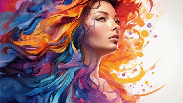 A woman with long, colorful hair is the main focus