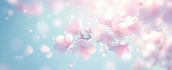 Fototapeta na wymiar Light blue background with pink cherry blossoms petals, blurred bokeh effect, soft pastel colors, dreamy and romantic atmosphere, delicate and gentle style