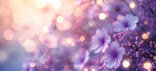 A closeup of delicate purple flowers, bathed in soft sunlight with bokeh lights creating an ethereal atmosphere. This style creates a dreamy and romantic ambiance for floralthemed designs