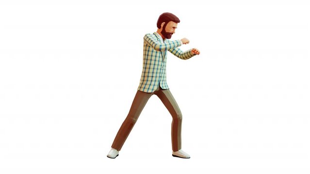 3D man in a jacket in a boxing stance punches with his hands. Boxing bearded cartoon man. Looping animation with alpha channel.