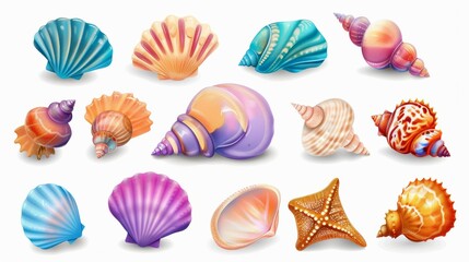 Colorful tropical shells underwater icon set on white background