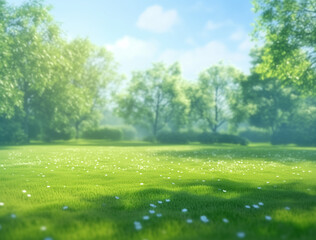 Beautiful blurred background of natural greenery and trees in the park on a sunny day, grass meadow, spring or summer nature landscape. Space for text