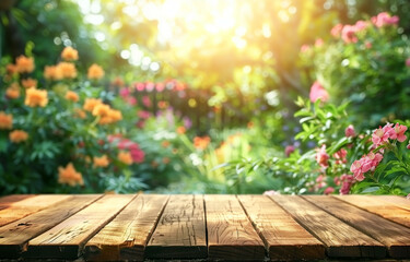 Wooden table top with blurred background of garden in spring time. Exuberant style, natural light, blurred background of flowerbeds, blurred background of green plants, sunlight and bokeh
