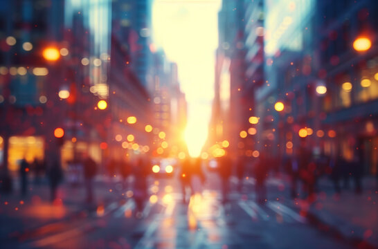 Blurred background of a busy city street with buildings and people walking in the morning light, with a bokeh effect. Shallow depth of field creates a soft focus background. Abstract blurry urban scen