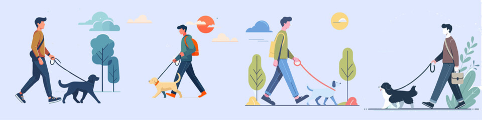 illustration of people walking with pets. vector illustration