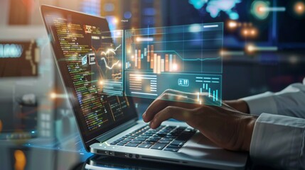 Data scientist, Programmer using laptop analyzing financial data on futuristic virtual interface. 