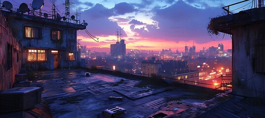 Twilight's Embrace: Weathered Satellite Dishes and Rusty Vents on a Desolate Rooftop, Gazing Upon the Evolving City Skyline as Evening Unfolds - obrazy, fototapety, plakaty