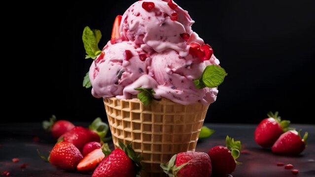 A strawberry ice cream cone with a green leaf on top