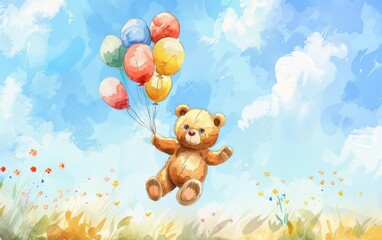Cute teddy bear flying on colorful balloons and blue clouds; Hand-painted with watercolor; Can be used for card or baby shower