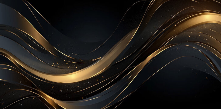 A digital artwork featuring sinuous waves flowing across the canvas - golden highlights on a glossy balack background creating an illusion of depth and luxury, showcasing a modern and sleek design