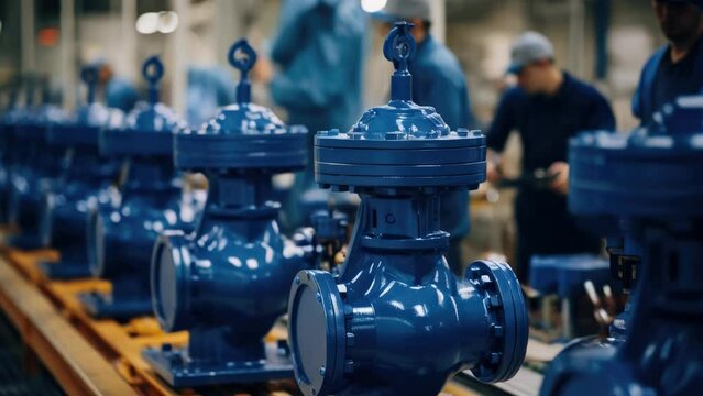 A group of blue valves are being assembled in a factory