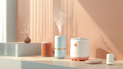 Obraz na płótnie Canvas 3D clay render of pastel humidifiers, air purifiers, and smart hubs in soothing hues