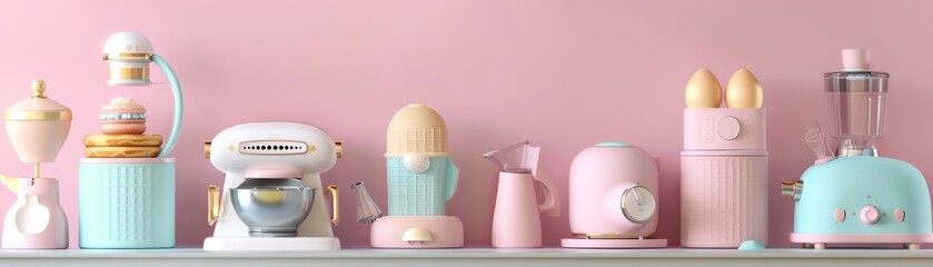 3D clay render of pastel waffle makers, egg cookers, and water dispensers in delicate hues