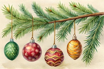 Obraz na płótnie Canvas Branch of a fir tree and Christmas ball decoration. Hand drawn pine branch watercolor and pencil drawing. Happy new year 2025. Generative ai 