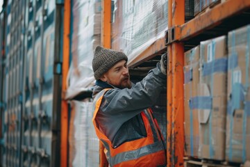 logistics worker loading parcel into truck at the port 
