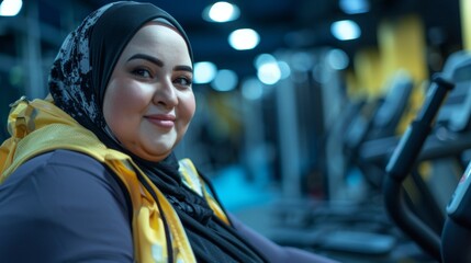 A smiling woman wearing a hijab seated on an exercise machine in a gym with a blurred background of fitness equipment. - obrazy, fototapety, plakaty