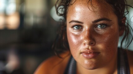 A close-up portrait of a woman with a radiant complexion featuring freckles and a gentle gaze with a hint of a smile. - obrazy, fototapety, plakaty