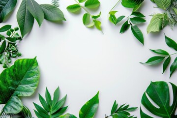 Varied tropical leaves forming a dynamic frame on a crinkled beige backdrop, illustrating lush life and organic design, Concept of tropical diversity and natural aesthetics
