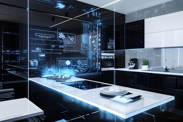 Modern black and white kitchen design with holographic technology, including holographic display for recipes, futuristic technology, Generative AI.