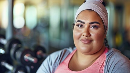A woman with a headscarf wearing a pink top smiling in a gym setting with blurred weights in the background. - obrazy, fototapety, plakaty