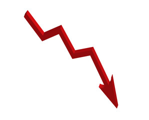 Red 3d large arrow sign to down. Inflation Bar chart. Decline graph. Rise price. Finance. Economy. Market volatility. Financial planning. Global crisis concept. Recession. Falling income. Profit drop.