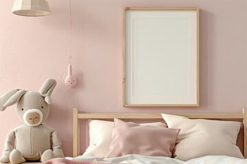 mockup template, empty wooden frame Children's bed, kids room pastel colors
