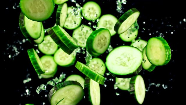 Sliced cucumbers, a versatile vegetable and staple food, are ready to be used as an ingredient in various recipes on the black surface