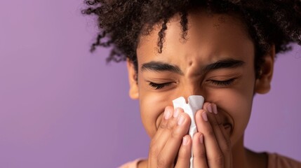A young person with curly hair crying and wiping their eyes with a tissue against a purple background.