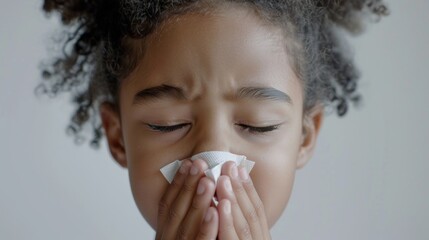 A young child with curly hair holding a tissue to their nose looking down with a concerned expression.