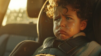 A young child with curly hair sitting in a car seat looking out a window with a thoughtful or possibly sad expression. - obrazy, fototapety, plakaty