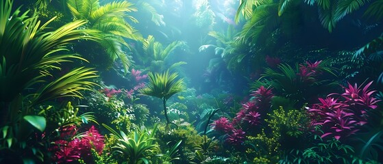 Fototapeta na wymiar Vibrant Minimalist Symphony in the Jungle. Concept Nature Photography, Tropical Foliage, Vibrant Color Palette, Minimalist Style, Jungle Aesthetics
