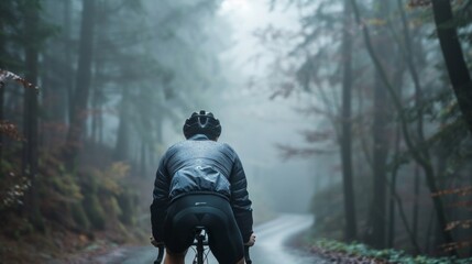 A cyclist in a rain jacket and helmet riding on a misty forested road.