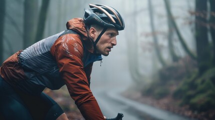 Fototapeta premium Man in red jacket and helmet riding bicycle on foggy forest path.