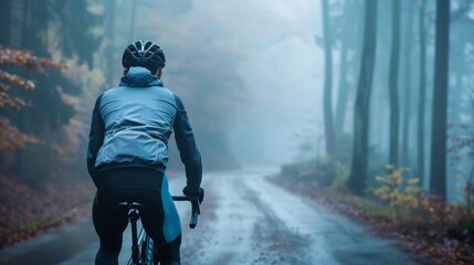 A cyclist in a blue jacket and black helmet riding down a misty leaf-covered forest road.