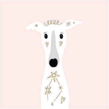 Celestial cute cosmic whippet lovely greyhound silhouette on background. Vector Illustration of cute boho dog, adorable pet with flower. Groovy doodle cartoon abstract art