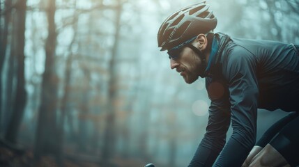 A focused cyclist in a dark helmet and sunglasses leaning forward on a bike riding through a misty forest with blurred trees in the background.