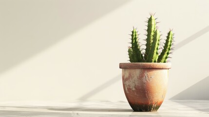  a small cactus  in a rustic terracotta pot.