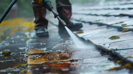 A worker using a pressure washer to clean a roof removing moss and debris.