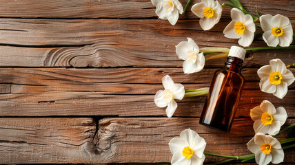 narcissus essential oil in a bottle. selective focus. - obrazy, fototapety, plakaty