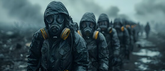 Soldiers in gas masks and hazmat suits march through a devastated city. Concept Soldiers, Gas Masks, Hazmat Suits, Devastated City, Marching