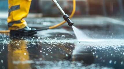 A worker in yellow rain gear spraying a liquid onto a wet surface.