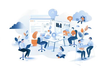 people sitting down in an office working with paper document flat design illustration - 780514302