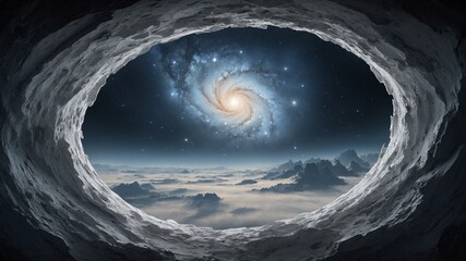 Breathtaking view of spiral galaxy visible through circular opening formed by rocky terrains. Galaxy radiates with numerous stars, cosmic dust, creating intricate swirling pattern.