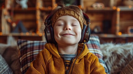 An child with headphones comfortably enjoying music - obrazy, fototapety, plakaty