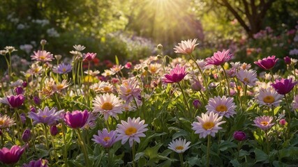 Obraz premium Sunlight filters through trees, illuminating vibrant field of flowers in full bloom. Flowers, mix of daisies, tulips, display range of colors from white, yellow to various shades of pink.