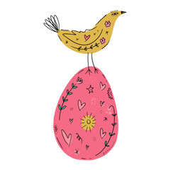Happy Easter egg and bird trendy cute vector postcard composition, spring holiday elements. Good for cards, flyer, leaflet, product label, social networks and more. Set of boho doodle characters - 780514567