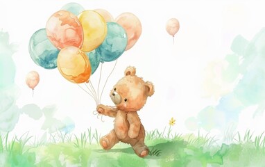 Obraz na płótnie Canvas Cute teddy bear flying on colorful balloons and blue clouds; Hand-painted with watercolor; Can be used for card or baby shower