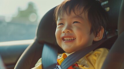 A joyful young child with a radiant smile seated in a car seat looking towards the camera with a sense of wonder and happiness.