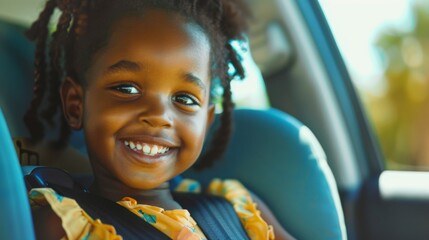 A joyful young girl with braided hair wearing a colorful dress seated in a car's back seat smiling brightly at the camera. - obrazy, fototapety, plakaty