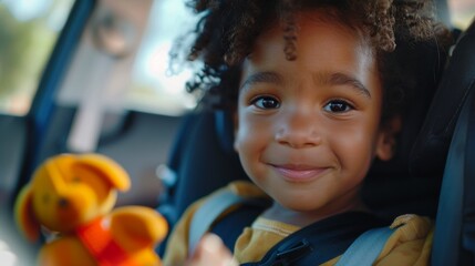 A young child with curly hair smiling and holding a stuffed toy seated in a car seat. - obrazy, fototapety, plakaty